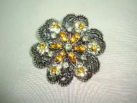 Vintage 50s Orange and Lermon Sparkling Diamante Flower Shaped Brooch