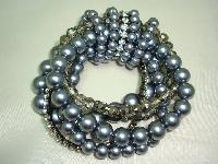 Fab Wide 6 Row Grey Glass Faux Pearl Bead and Diamante Stretch Bracelet