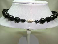 Vintage 50s Quality Black Faceted Crystal Glass Hand Knotted Bead Necklace