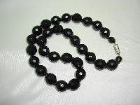 Vintage 50s Quality Black Faceted Crystal Glass Hand Knotted Bead Necklace