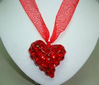 Large Red Acrylic Heart Sparkling Crystal Glass Pendant on Ribbon Tie