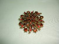 Vintage 50s Large Flower Shaped Amber Cognac Red Diamante Gold Brooch