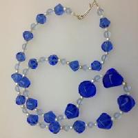 Vintage 50s Two Tone Blue Glass and Faux Pearl Bead Graduated Necklace