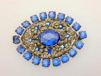 Vintage 30s Czech Filigree Blue Paste Diamante Flower Design Brooch 6cms