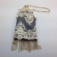 Fab Yumi Grey Net Gold Lace Fringe Tassel Evening Handbag Gold Chain Handle