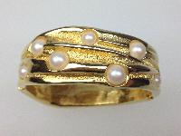 Vintage 80s Wide Goldtone Glass Faux Pearl Clamper Cuff Hinged Bracelet 