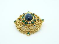 Vintage 50s Signed Sphinx Ornate Green and Blue Diamante Cabouchon Brooch