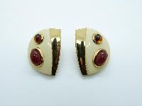 Vintage 60s Cream Lucite Goldtone Amber Glass Modernist Clip On Earrings