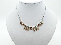 Vintage 50s Pretty Amber and Clear Diamante Drop Silvertone Chain Necklace