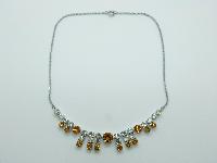 Vintage 50s Pretty Amber and Clear Diamante Drop Silvertone Chain Necklace