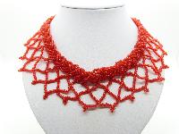 Vintage 50s Wide Red Glass Seed Bead Knitted Collar Necklace Amazing 47cms