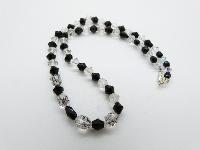 Vintage 50s Pretty Black and Clear Crystal Glass Bead Necklace 52cms