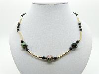 Vintage Redesigned 1950s Blac Murano Glass Flower Bead Gold Link Necklace Unique 50cms
