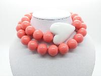 £14.00 - Fab Chunky Long Coral Plastic Bead Necklace Large White Heart Feature 84cms