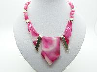 Vintage 70s Funky Pink and White Marble Effect Lucite Statement Necklace 