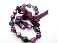 Chunky Grey and Pink Purple Plastic Faceted Bead Necklace with Ribbon Tie