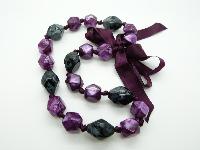 Chunky Grey and Pink Purple Plastic Faceted Bead Necklace with Ribbon Tie