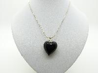 Pretty Black Glass Heart Pendant with Silvertone Snake Chain