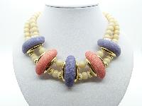 Vintage 60s Purple Pink and Cream Two Row Plastic Bead Collar Necklace 