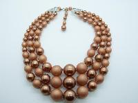 Vintage 50s Three Row Chunky Bronze Pink Lucite Pearl Bead Necklace Fab