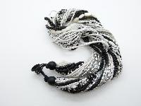 Vintage 80s Super Black White and Silver Multi Strand Bead Twist Necklace