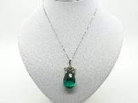 Vintage 30s Pretty Emerald Green Glass Crystal Pendant and Chain
