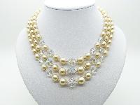Vintage 50s Stunning Three Row Crystal and Faux Pearl Glass Bead Necklace