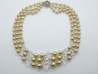 Vintage 50s Stunning Three Row Crystal and Faux Pearl Glass Bead Necklace