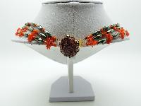 Vintage 50s Three Row Orange Coral Twig Grey Glass Bead Necklace Fab Clasp