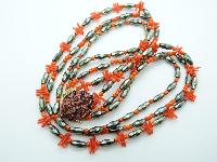 Vintage 50s Three Row Orange Coral Twig Grey Glass Bead Necklace Fab Clasp
