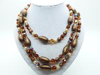 £45.00 - Vintage 50s Three Row Brown Moonglow and AB Crystal Glass Bead Necklace
