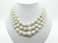 Vintage 50s Three Row Pretty White Plastic Bead Necklace Unusual Shape