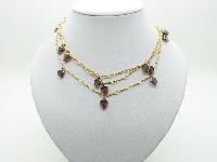 Vintage 80s Long Gold Twist Necklace with Cute Purple Glass Heart Charms 