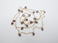 Vintage 80s Long Gold Twist Necklace with Cute Purple Glass Heart Charms 