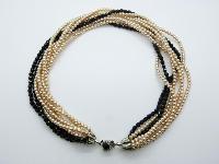 Vintage 50s Eight Row Glass Faux Pearl Black Glass Crystal Bead Necklace