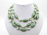 Vintage 50s Fab Three Row Two Tone Green Textured Lucite Bead Necklace 