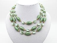 Vintage 50s Fab Three Row Two Tone Green Textured Lucite Bead Necklace 