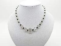 Vintage 30s Art Deco Pretty Black and Clear Crystal Glass Bead Necklace