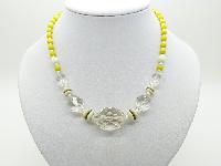 Vintage 50s Yellow White and Crystal Glass Bead Czech Necklace Diamante Clasp