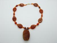 Vintage 70s Orange Murano Glsss and Amber Lucite Bead Pendant Necklace