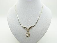 Vintage 80s Pretty Silvertone Snake Chain Diamante Dropper Pendant Necklace 
