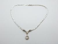 Vintage 80s Pretty Silvertone Snake Chain Diamante Dropper Pendant Necklace 