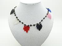 Vintage 70s Fab Black Bead with Multicoloured Leaf Shaped Charms Necklace
