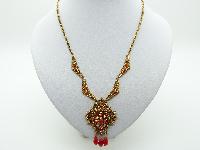 Vintage 60s Filigree Goldtone Red Glass and Pearl Dropper Pendant Necklace