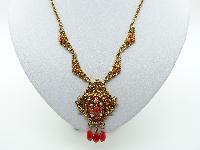 Vintage 60s Filigree Goldtone Red Glass and Pearl Dropper Pendant Necklace