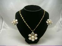 80s Diamante & Pearl Flower Necklace Brooch & Earrings