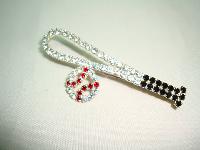 Vintage 80s Black Red and Clear Diamante Baseball Bat Figural Brooch