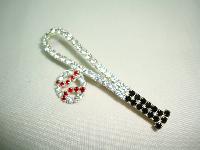Vintage 80s Black Red and Clear Diamante Baseball Bat Figural Brooch
