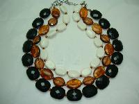 Vintage 50s Style 3 Row Chunky Black Amber Cream Bead Necklace