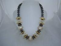 Vintage 70s Chunky Grey Gold & Faux Pearl Bead Necklace